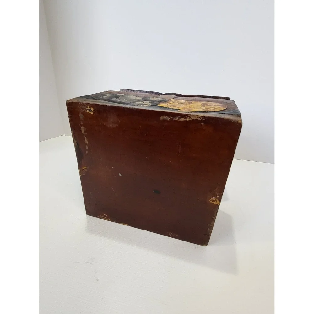 Funky Vintage Hand Carved Folk Art Cat Trinket Box Wooden Keepsake Storage Decor